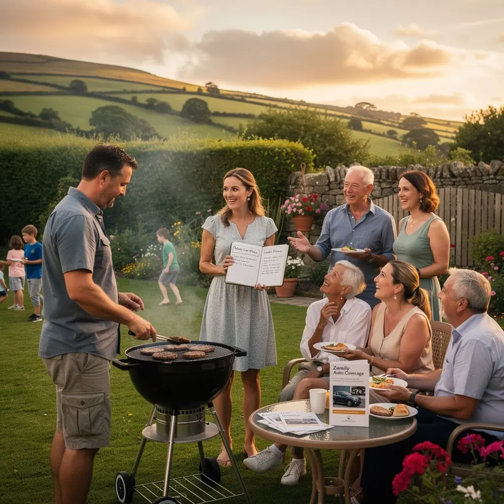A family gathered around a table, reviewing their auto insurance policies together.